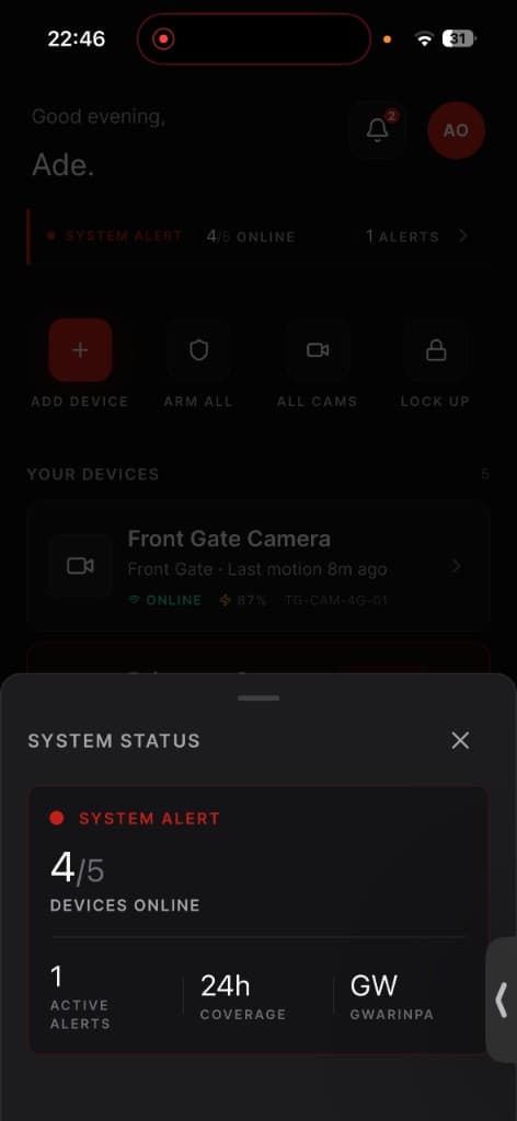 TechGuard app screen — System status